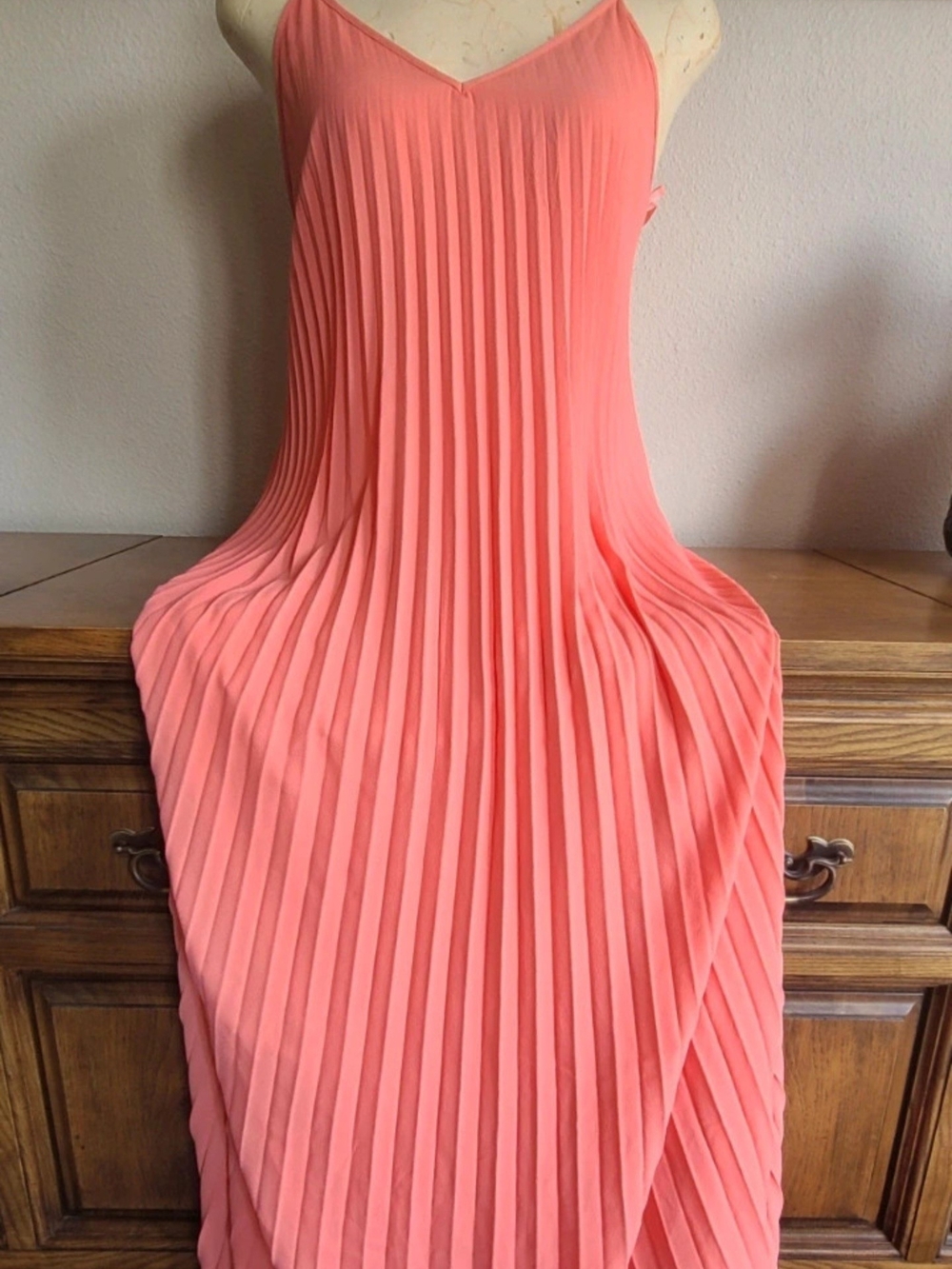 Pleated Coral Slip Dress - Sleeveless V-Neck